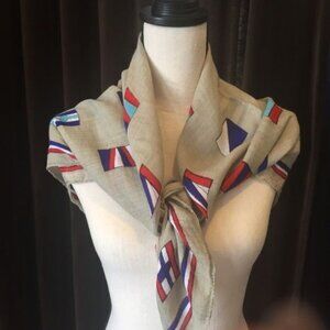 Vintage Nautical Print Beige & Multicolor Linen Scarf Wrap